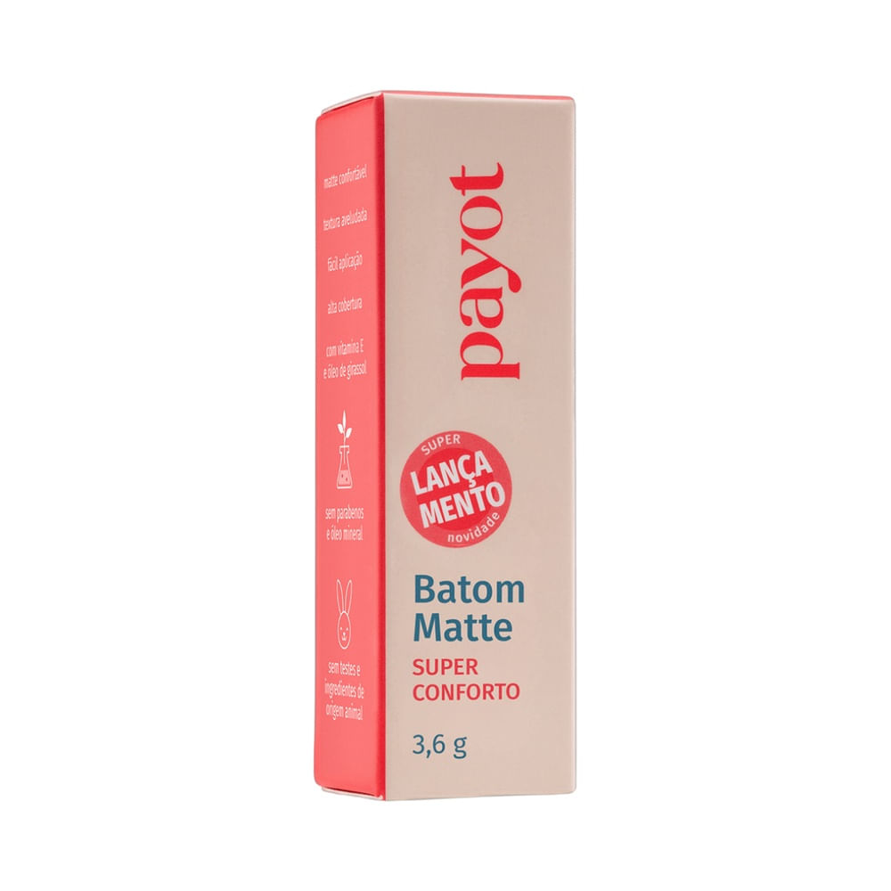 Embalagem do Batom Payot Matte Nude Rosado com detalhes e selo de super lançamento
